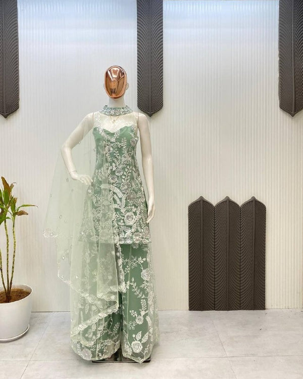 Mint Green Net Embroidered Sharara Set with Halter Neck Kurti & Dupatta Premium Party Wear