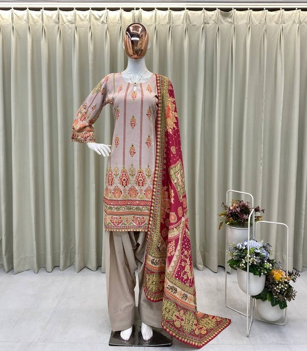 Beige & Maroon Printed Suit with Heritage Inspired Dupatta Elegant Festive Ensemble