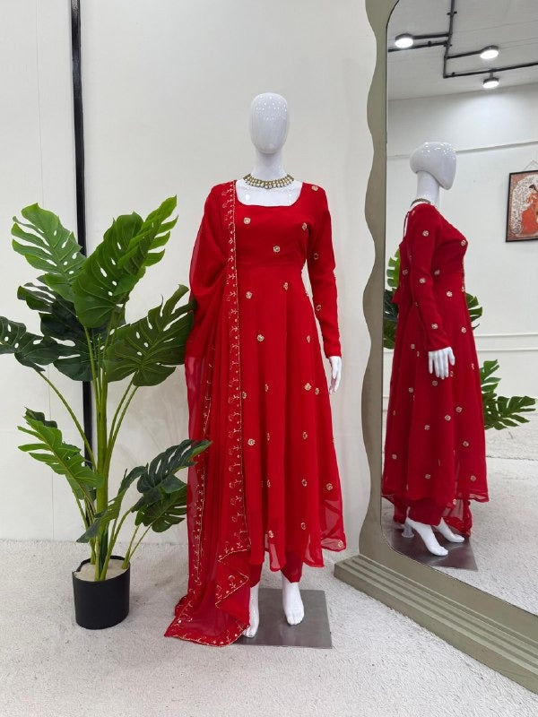 Festive Red Elegance Embroidered Anarkali Set with Dupatta