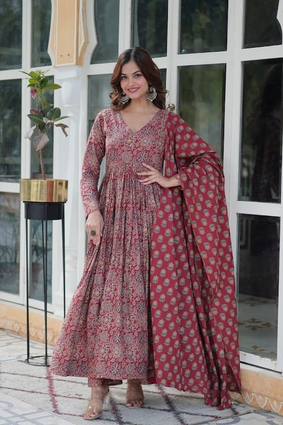 Graceful Maroon Handblock Anarkali Set in Pure Cotton Elegance