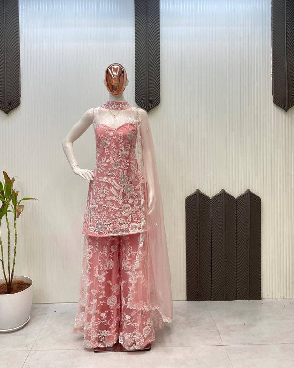 Peach Pink Net Embroidered Sharara Set with Halter Neck Kurti & Dupatta Designer Wedding Wear