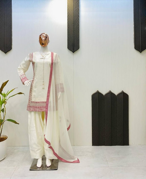 Ivory White Cotton Suit with Pink Embroidered Borders and Dupatta Classic Ethnic Wear for Festive Occasions