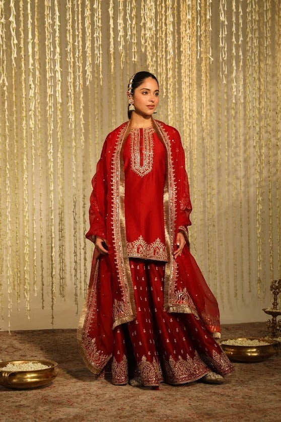 Regal Red Embroidered Sharara Suit with Mirror Work Dupatta Festive Collection