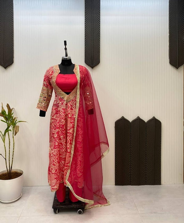 Regal Red Chinon Embroidered Anarkali Set with Mirror Work & Organza Dupatta