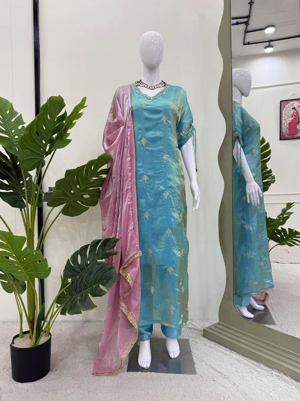 Aqua Blue Chinon Silk Suit with Pink Shimmer Dupatta Elegant Thread & Sequence Handwork Ensemble