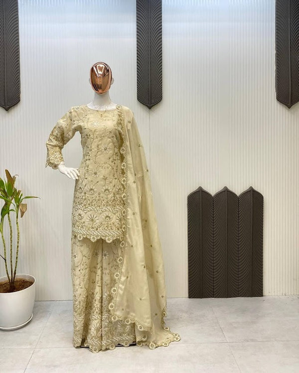 Champagne Gold Embroidered Sharara Suit with Organza Dupatta Wedding Wear