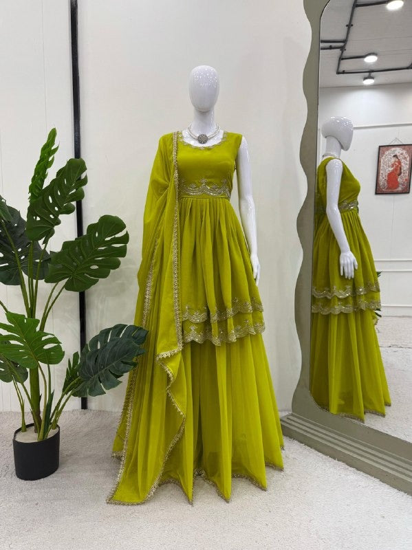 Lime Green Peplum Sharara Suit with Sequin Lace Detailing Sleeveless Partywear