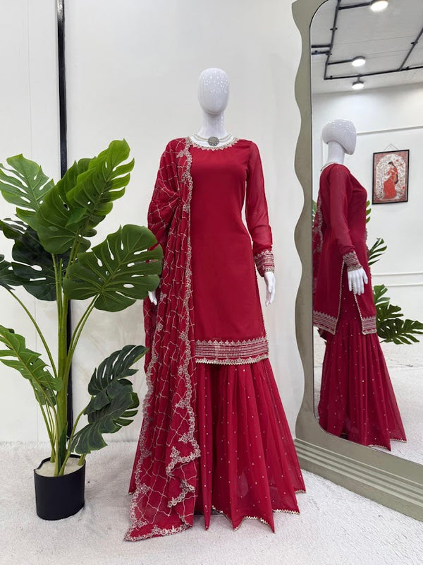 Regal Maroon Embellished Sharara Set with Net Dupatta