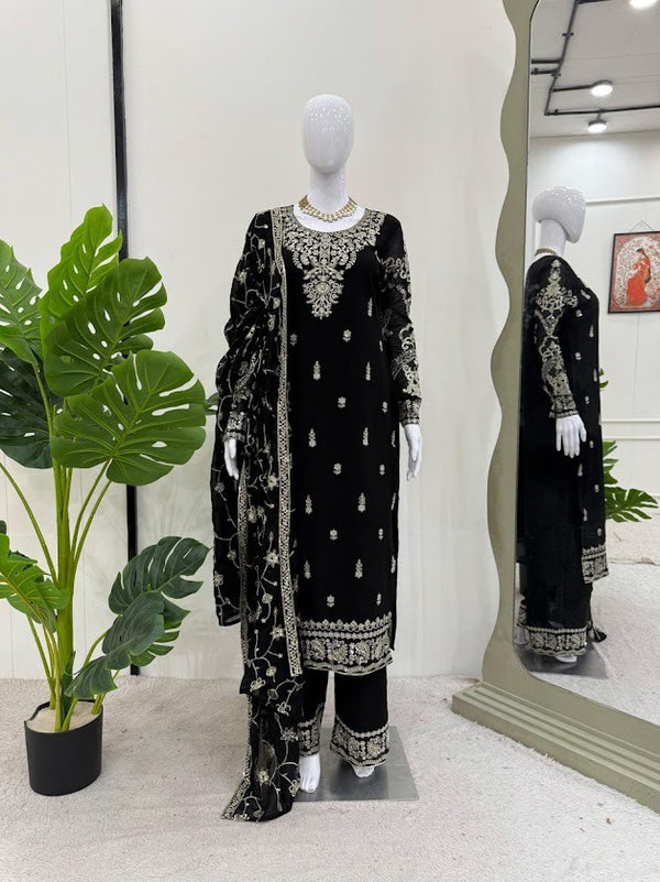 Majestic Black Velvet Suit with Intricate Golden Thread Embroidery