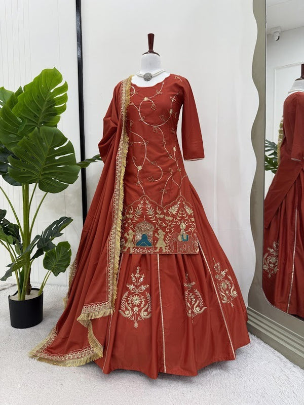 Rust Regal Charm: Embroidered Ethnic Set with Royal Procession Motif