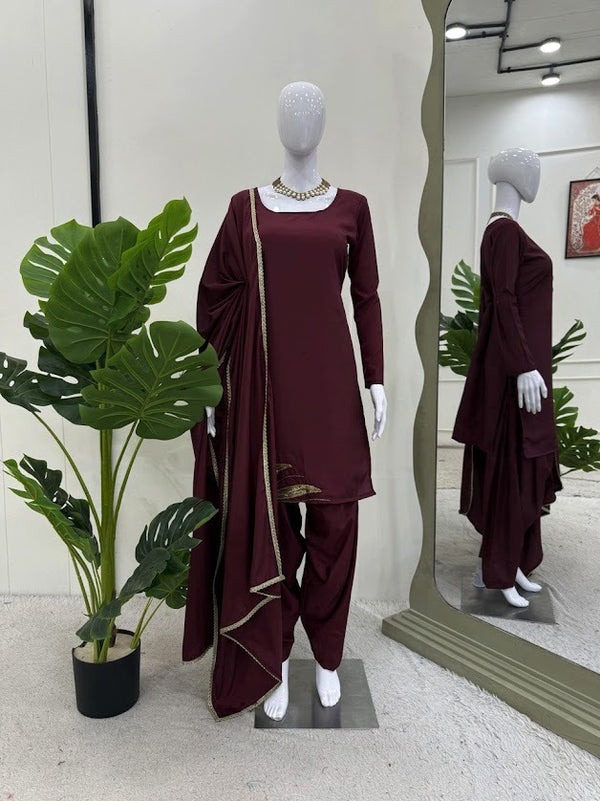 Classic Maroon Punjabi Patiala Suit with Gold Trim Dupatta Traditional Grace