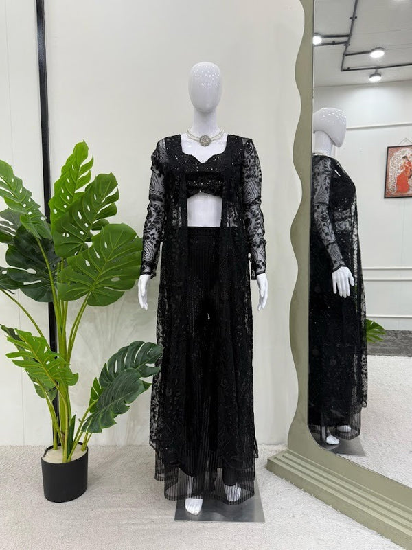 Elegant Black Sequinned Cape Co Ord Set with Crop Top and Pleated Palazzo