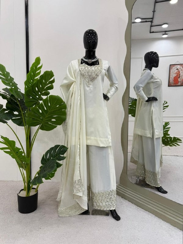 Ivory White Embellished Kurta Set with Mirror Work Palazzo & Dupatta Festive Elegance