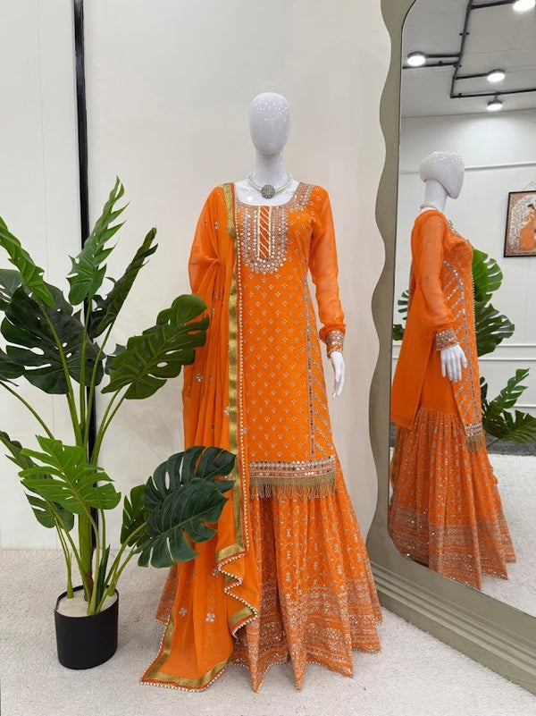 Radiant Orange Sharara Suit with Mirror Embellishments & Traditional Elegance
