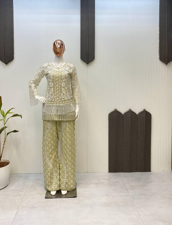 Champagne Gold Embellished Kurta with Palazzo Designer Fringe Style Party Wear Set