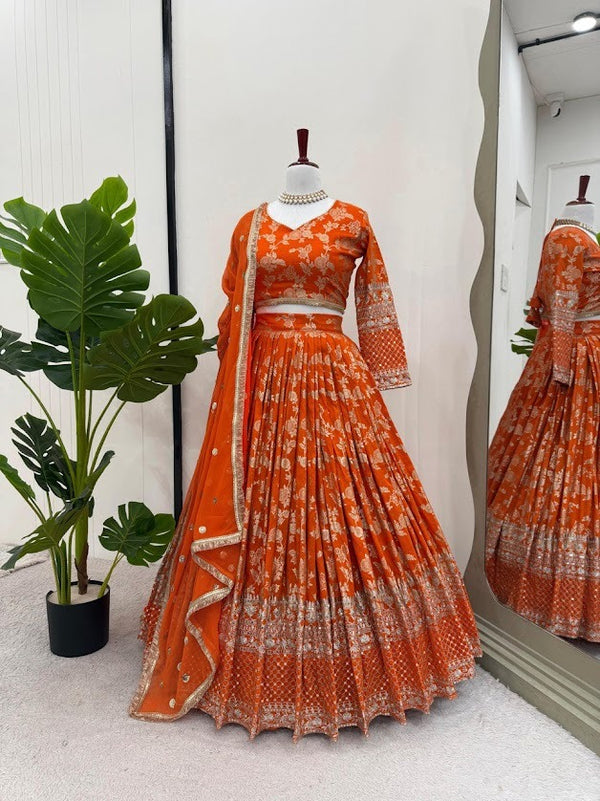 Burnt Orange Embroidered Lehenga Choli with Dupatta Wedding Designer Wear