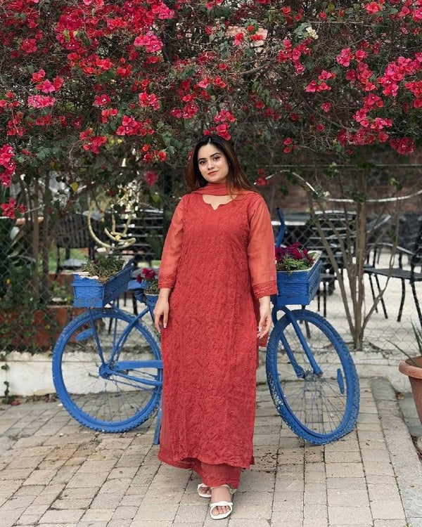 Rust Orange Embroidered Straight Kurta Set Elegant Palazzo Suit with Matching Dupatta
