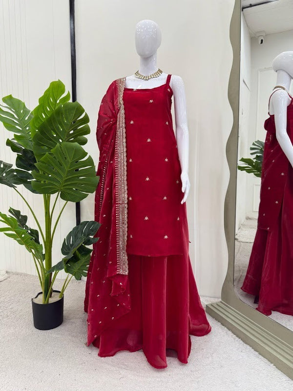 Maroon Sleeveless Sharara Suit with Subtle Embroidery & Dupatta Festive Ethnic Wear