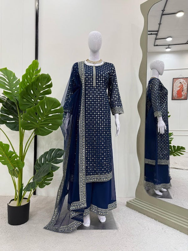 Navy Blue Mirror Work Anarkali Suit Set with Net Dupatta Ethnic Party Wear