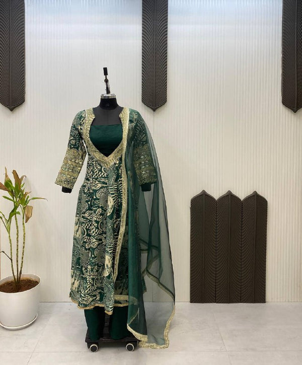 Emerald Green Roman Silk Suit with Intricate Mirror & Thread Embroidery