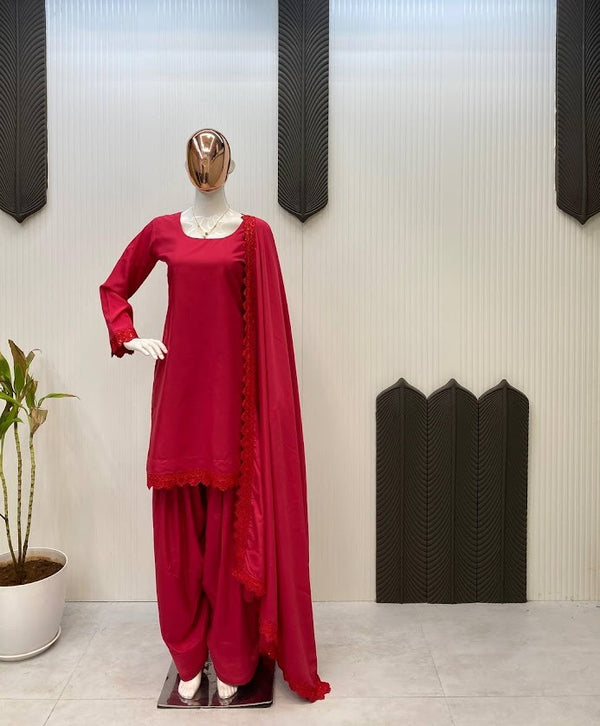 Wine Maroon Satin Silk Suit Set with Dupatta Minimalist Luxury Ethnic Wear for Festive