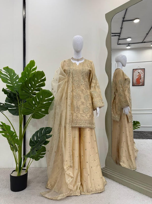 Champagne Gold Embroidered Kurta Sharara Set with Sequin Dupatta Luxe Wedding Wear