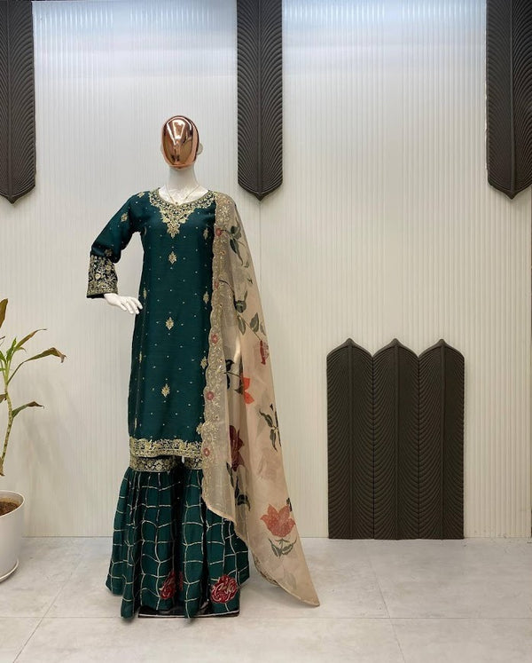 Emerald Green Sharara Suit with Floral Embroidered Dupatta & Mirror Detailing