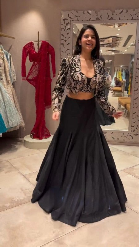 Black Designer Mermaid Skirt with Embroidered Jacket