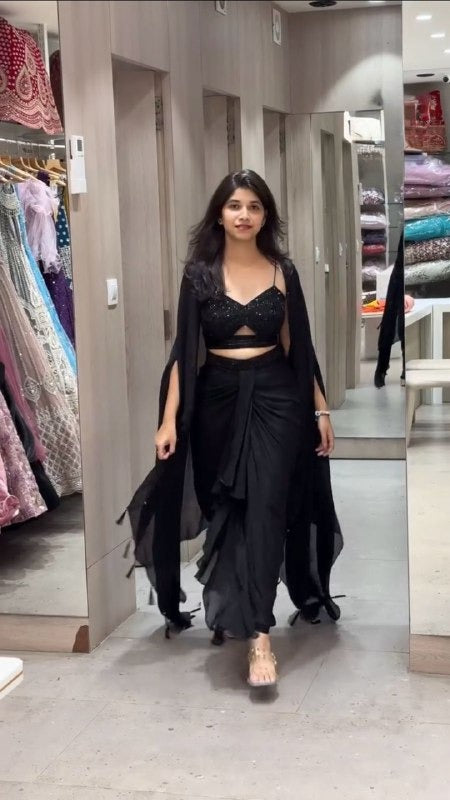 Bold Black Dhoti Set with Sequin Bralette and Flowing Cape