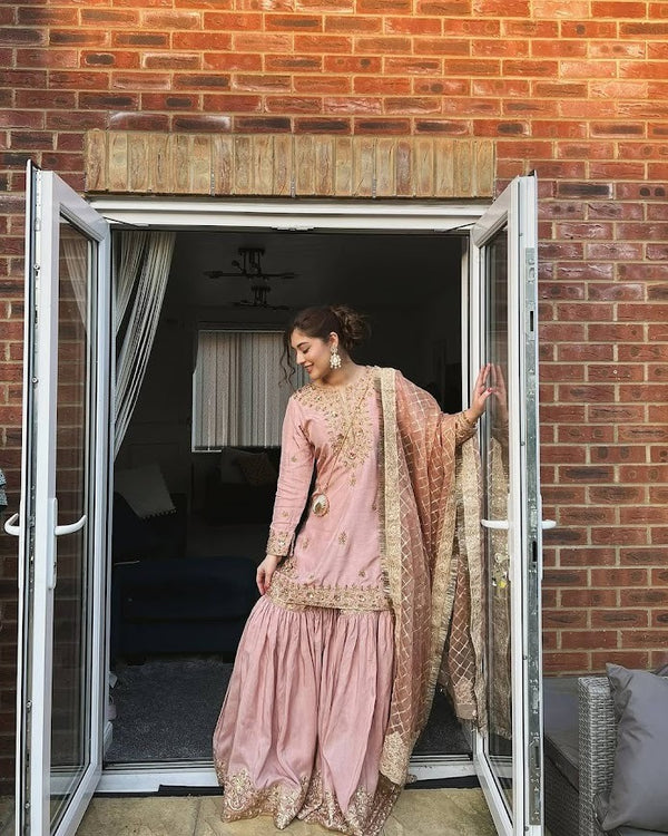 Blush Pink Sharara Set with Mirror Embroidery and Gold Accents