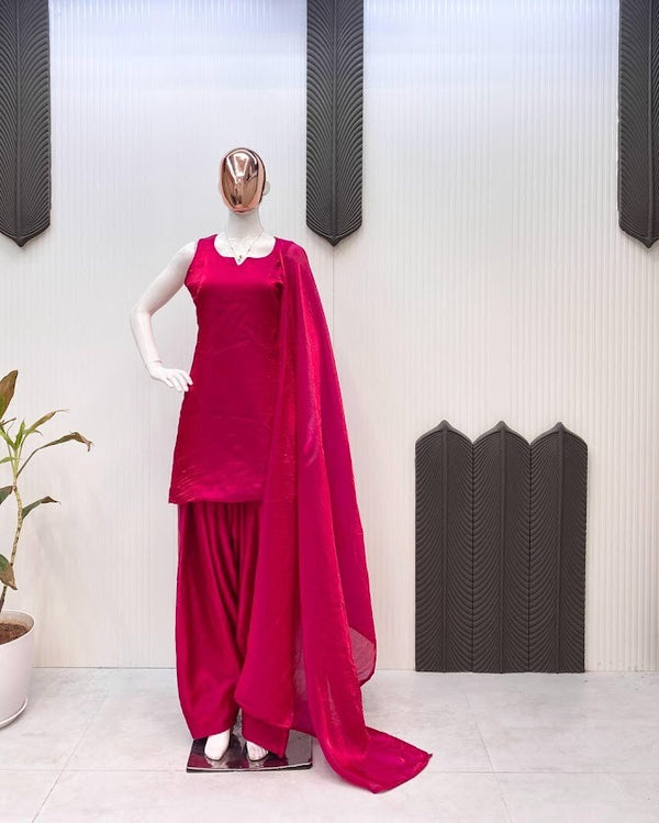Rani Pink Sleeveless Patiala Suit with Dupatta Classic Punjabi Style Ethnic Wear for Women