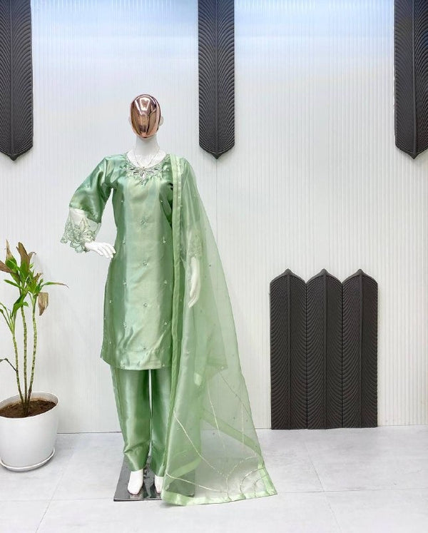 Mint Green Satin Embroidered Suit with Floral Organza Dupatta