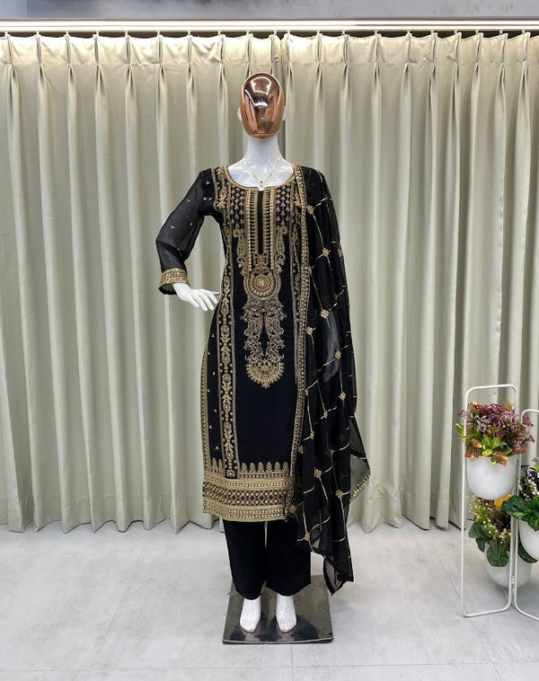 Black & Gold Embroidered Suit Set Rich Georgette Kurta with Pant & Dupatta