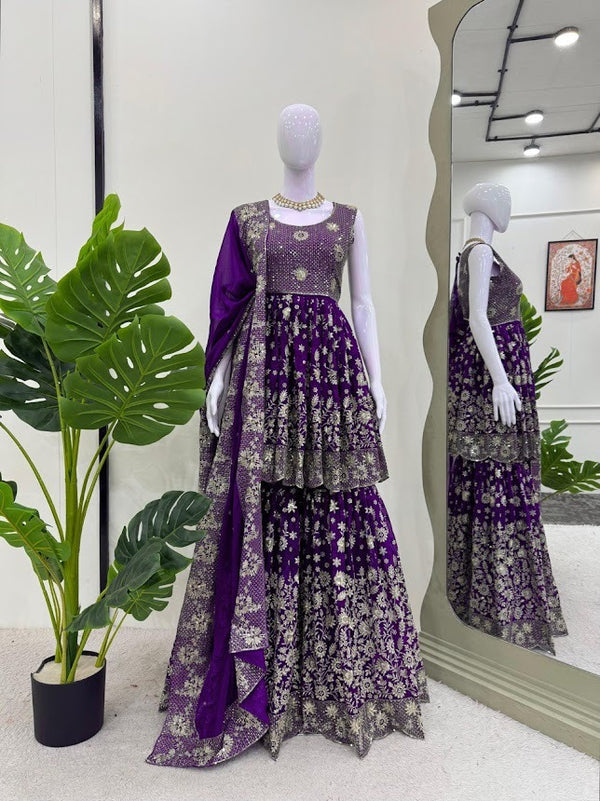 Regal Purple Sequin Embellished Sharara Set for Evening Glamour