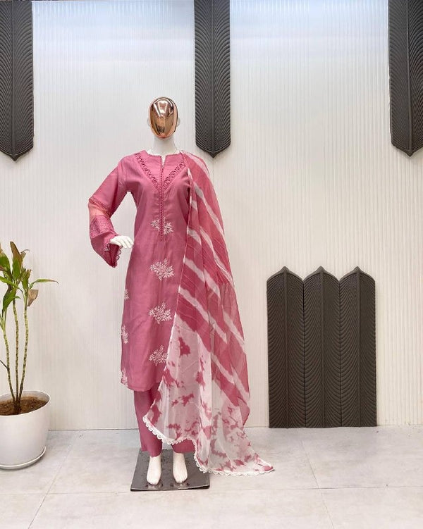 Blush Elegance Premium Embroidered Kurti Set with Tie Dye Dupatta