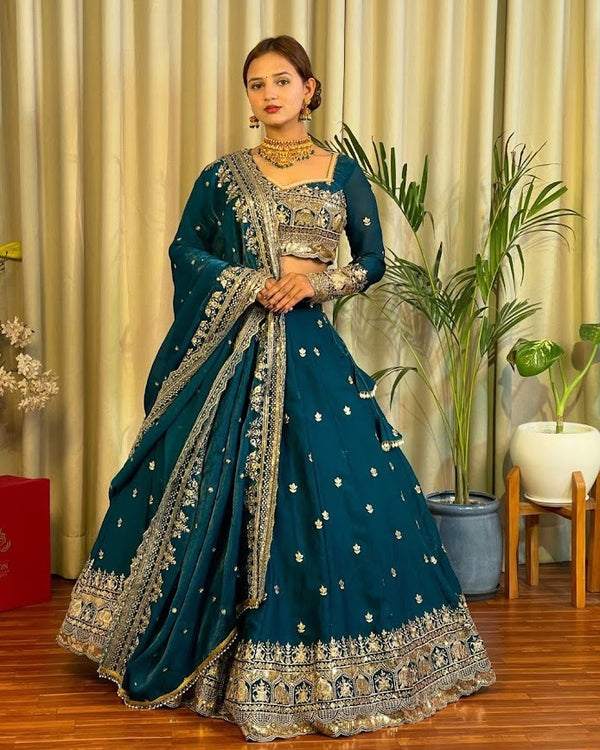Teal Blue Embroidered Lehenga with Zari Work & Mirror Accents Royal Ethnic Elegance