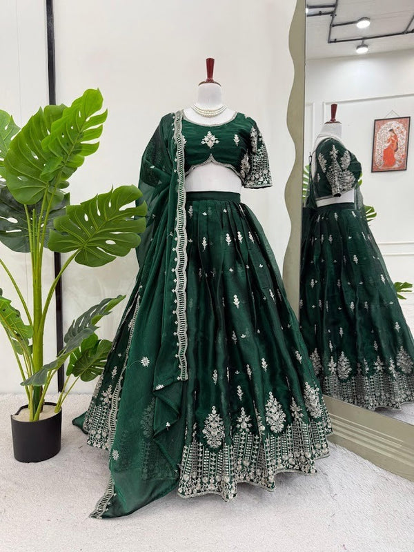 Emerald Green Embroidered Lehenga Set Regal Elegance with Silver Zari Detailing