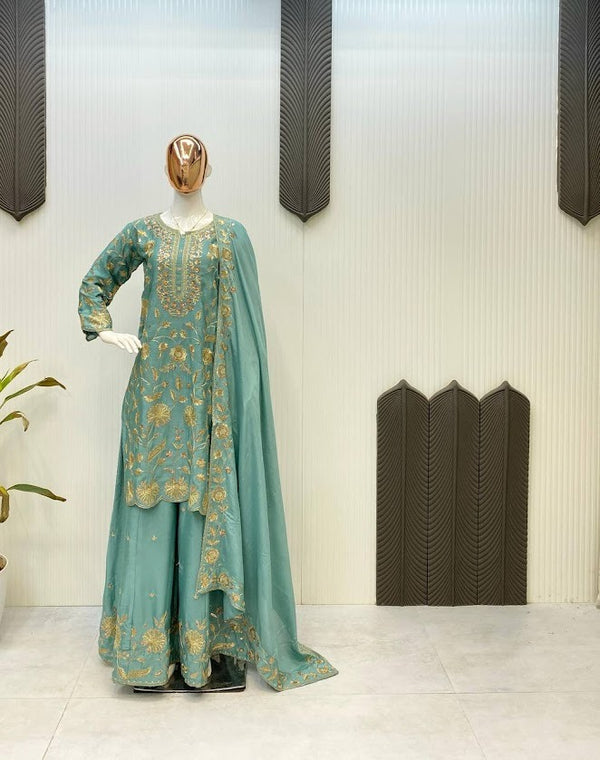 Sea Green Heavy Embroidered Anarkali Suit with Dupatta Elegant Wedding Wear for Women