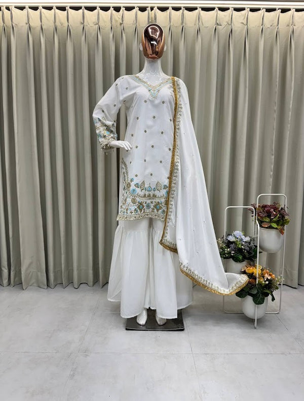 White Embroidered Sharara Suit with Golden Lace Dupatta