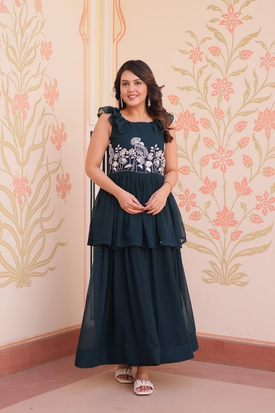 Elegant Purple Tiered Gown with White Floral Embroidery Sleeveless Designer
