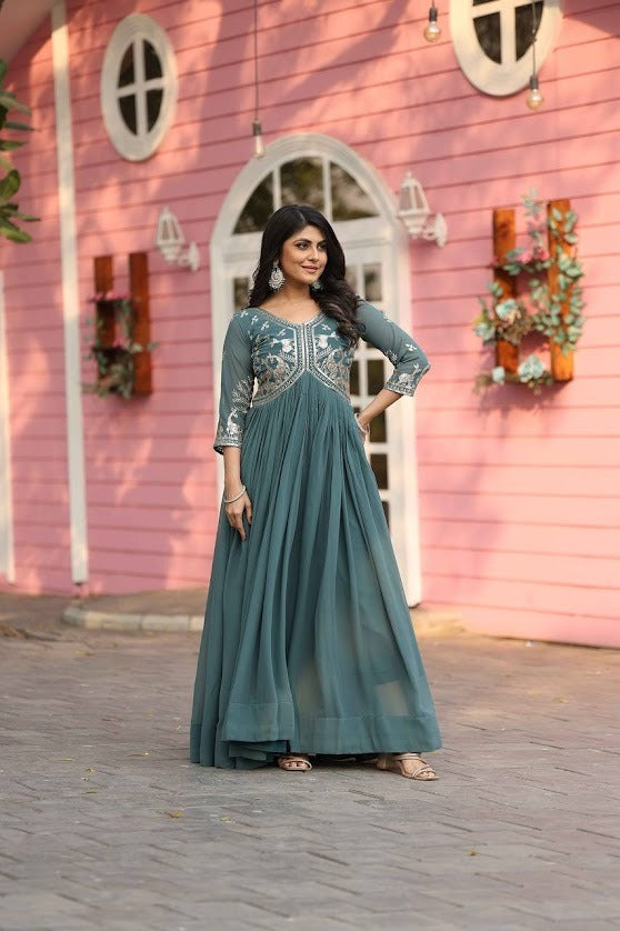 Teal Blue Embroidered Anarkali Gown with Sheer Sleeves