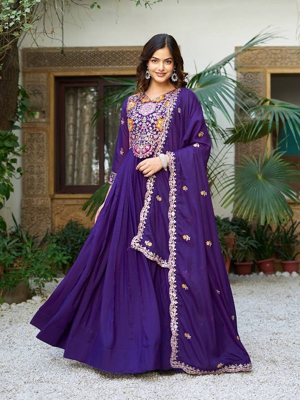Royal Purple Embroidered Anarkali Gown with Dupatta Elegant Wedding Wear