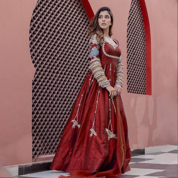 Maroon Raw Silk Anarkali Gown with Hand Embroidered Sleeves & Tassel Detailing Ethnic Royal Wear