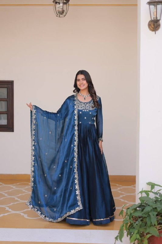 Midnight Blue Satin Anarkali Gown with Hand Embroidered Yoke & Starry Dupatta Elegant Wedding Wear