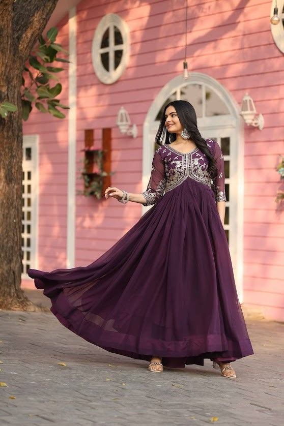 Plum Purple Embroidered Anarkali Gown with Sheer Sleeves Festive Wear for Women