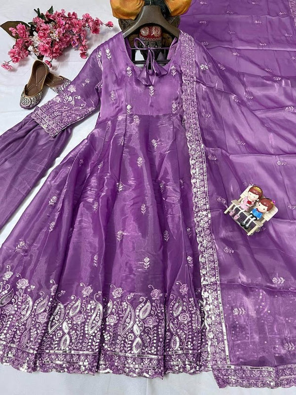 Lavender Purple Silk Embroidered Anarkali Set with Dupatta Traditional Party Wear