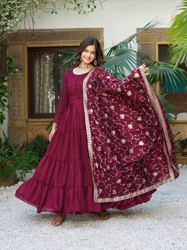 Maroon Layered Anarkali Gown with Heavy Embroidered Dupatta Festive Wear Ensemble