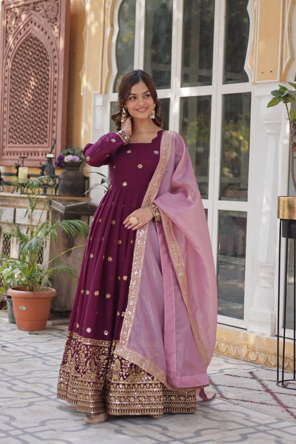 Elegant Maroon Anarkali Gown with Heavy Zari Embroidery & Pink Dupatta
