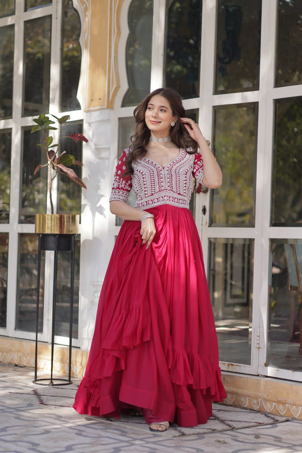 Red Reverie Traditional Ruffle Gown with Lehenga