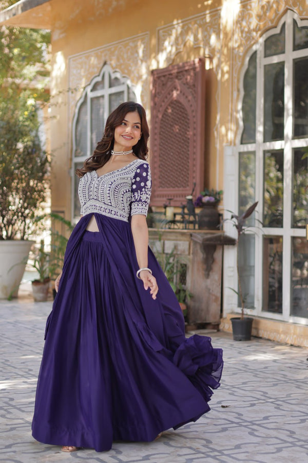 Purple Ethnic Gown with Embroidered Yoke & Voluminous Flair and Lehenga